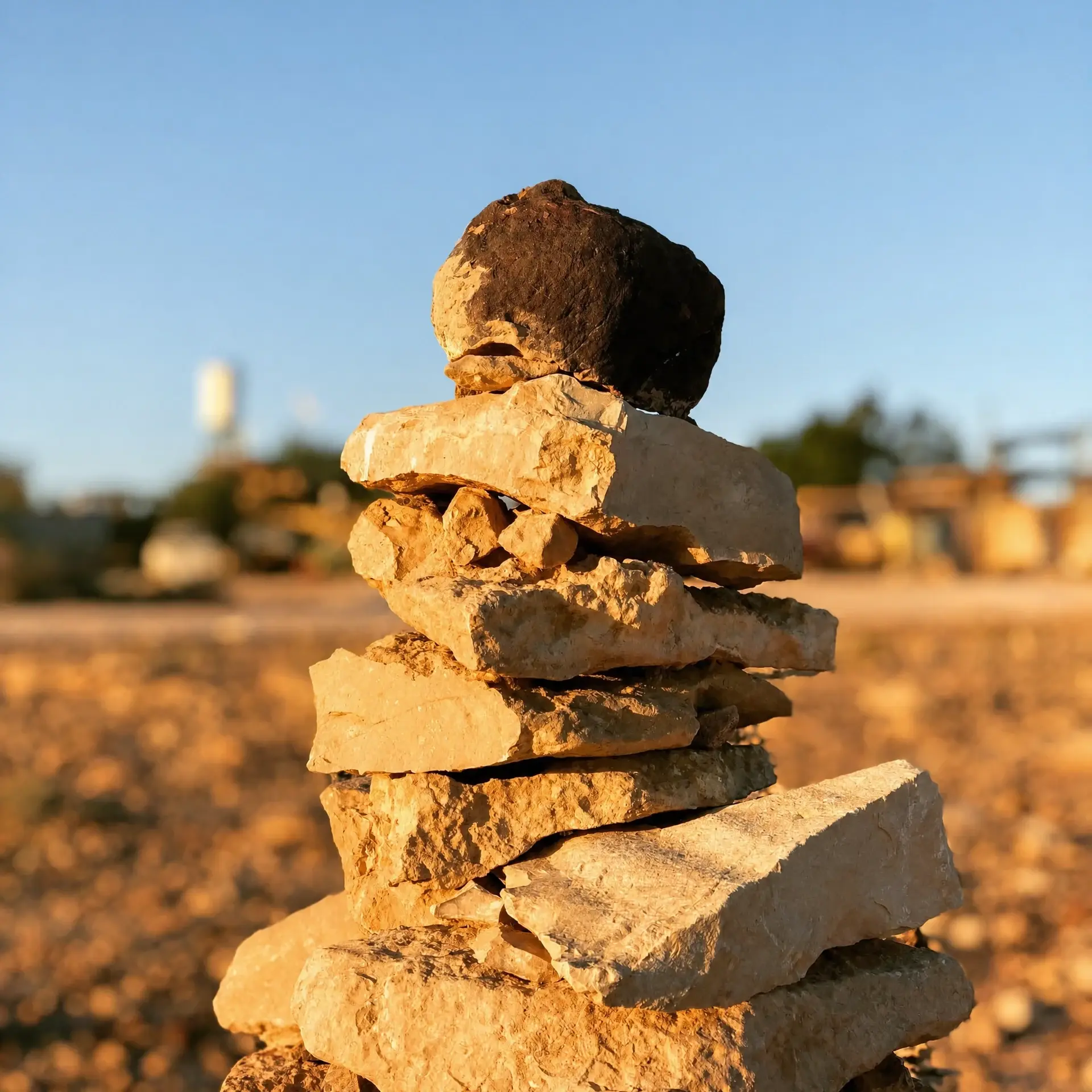 A stone cairn against the desert