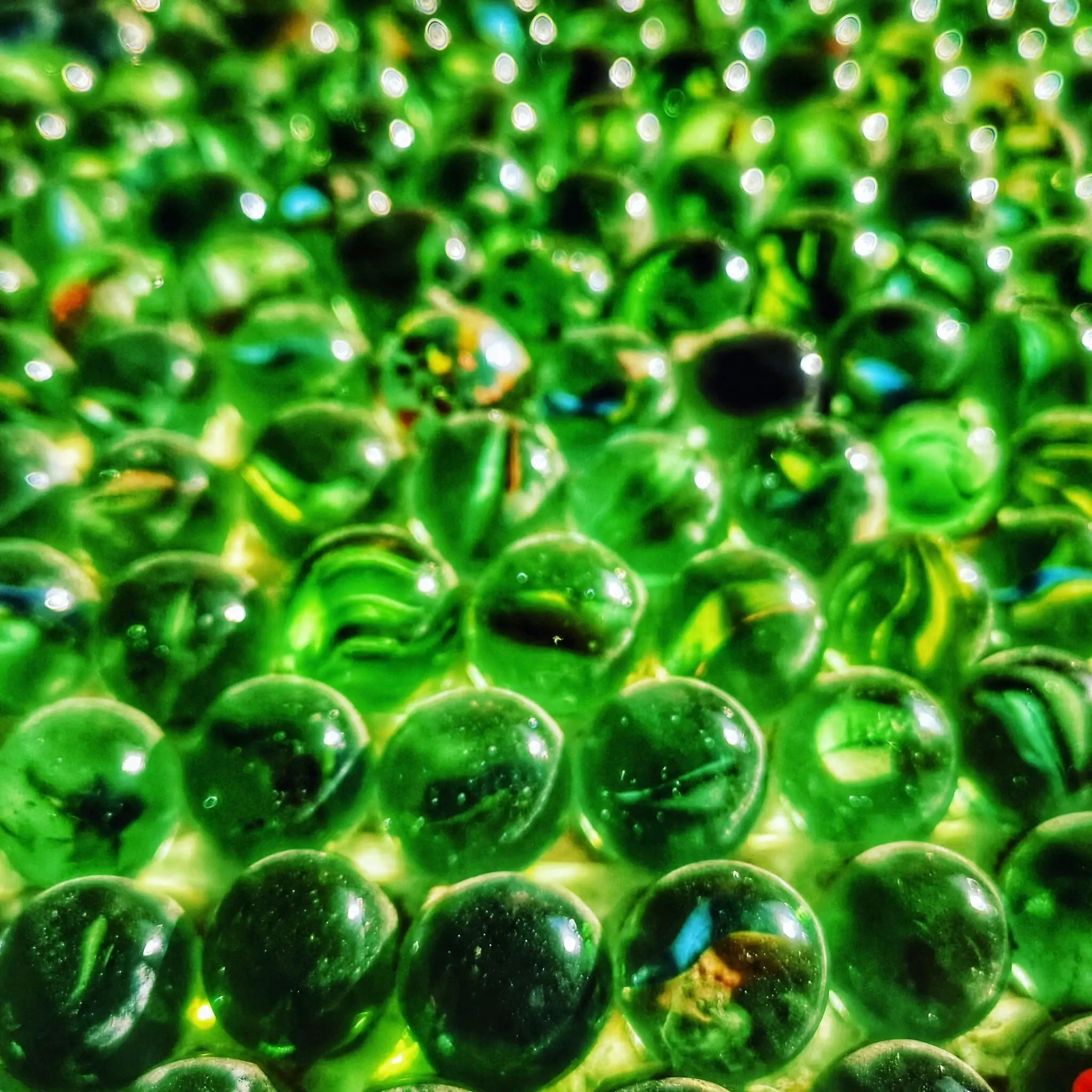 Close-up of green glass bottles set in a wall