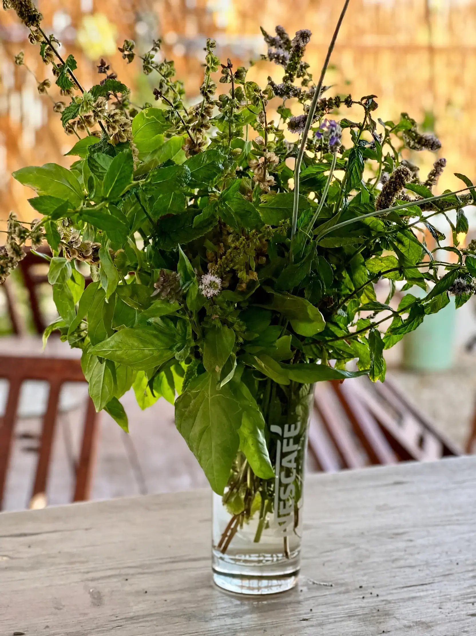 A bunch of herbs in a glass on a wooden table