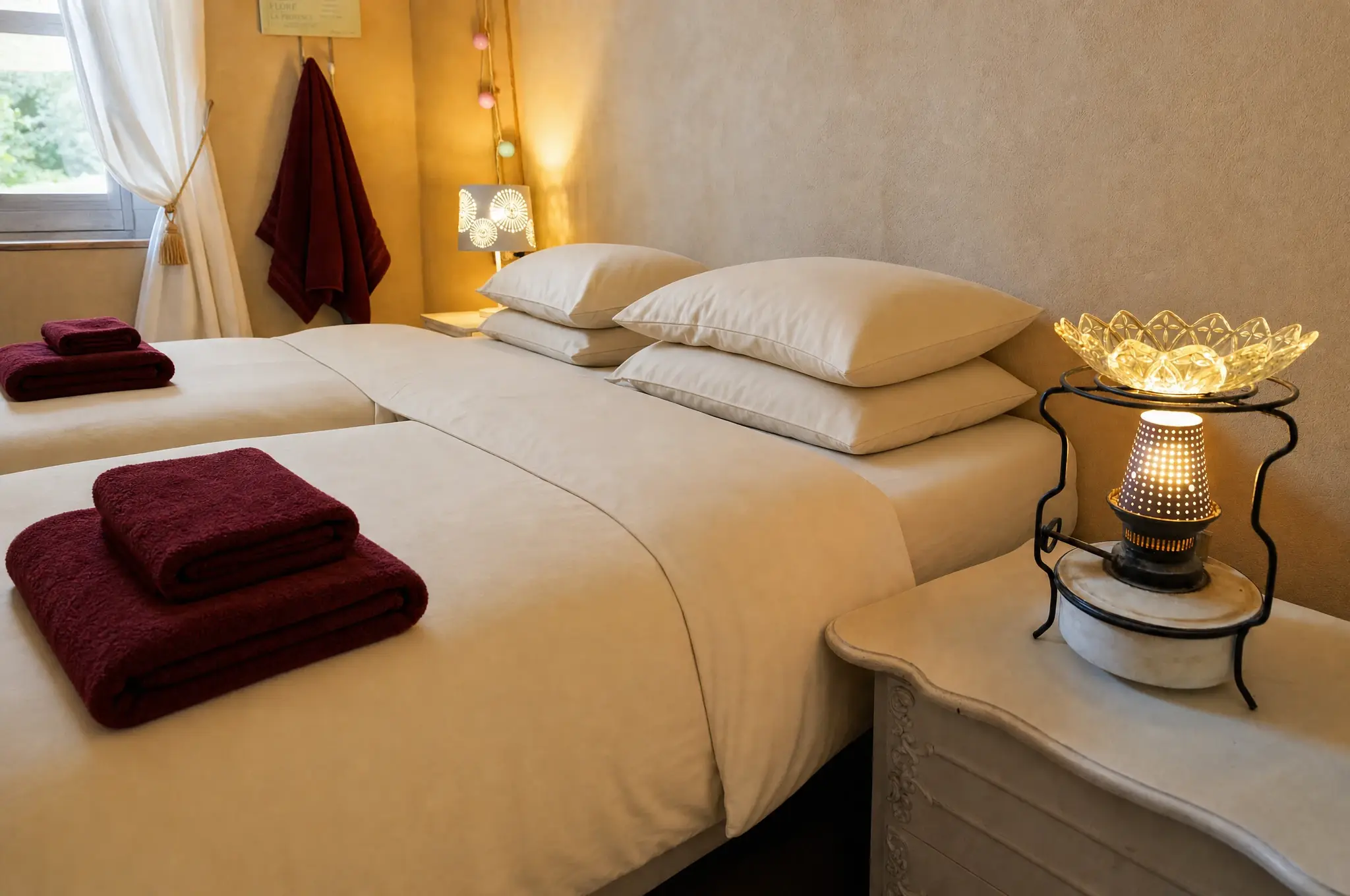 A small bedside lamp next to a bed with light beige linens