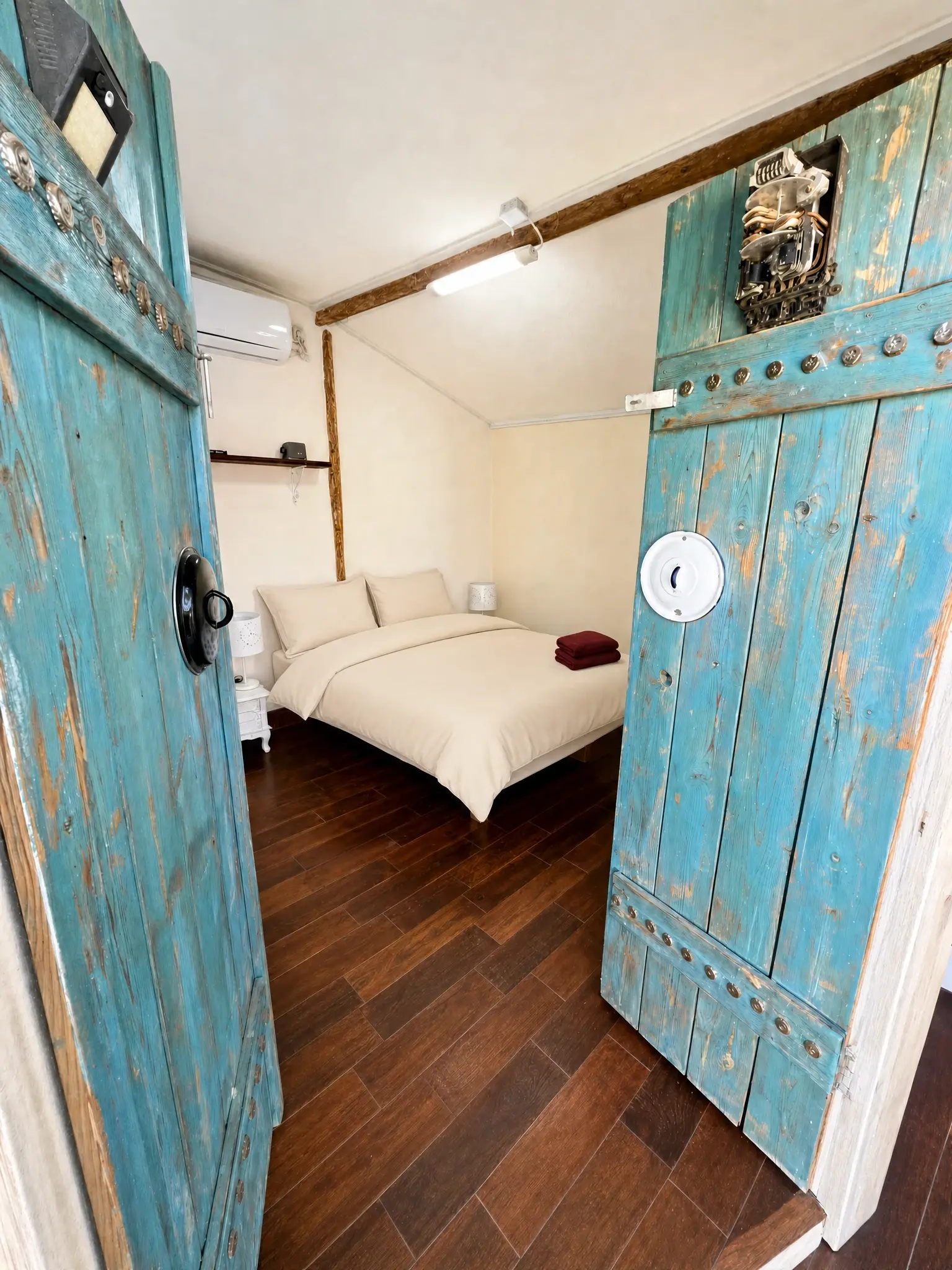 Looking into the Eden room through its turquoise wooden doors