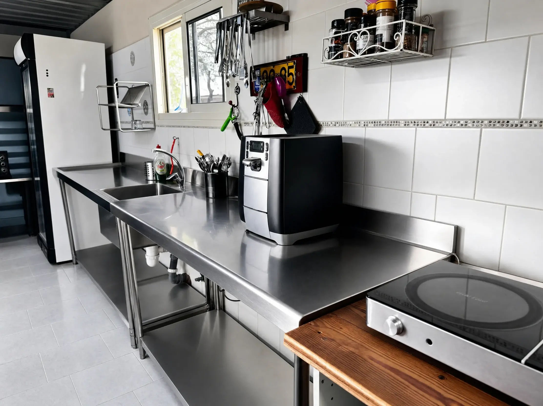 The shared kitchen: steel counters, a cooktop and cookware