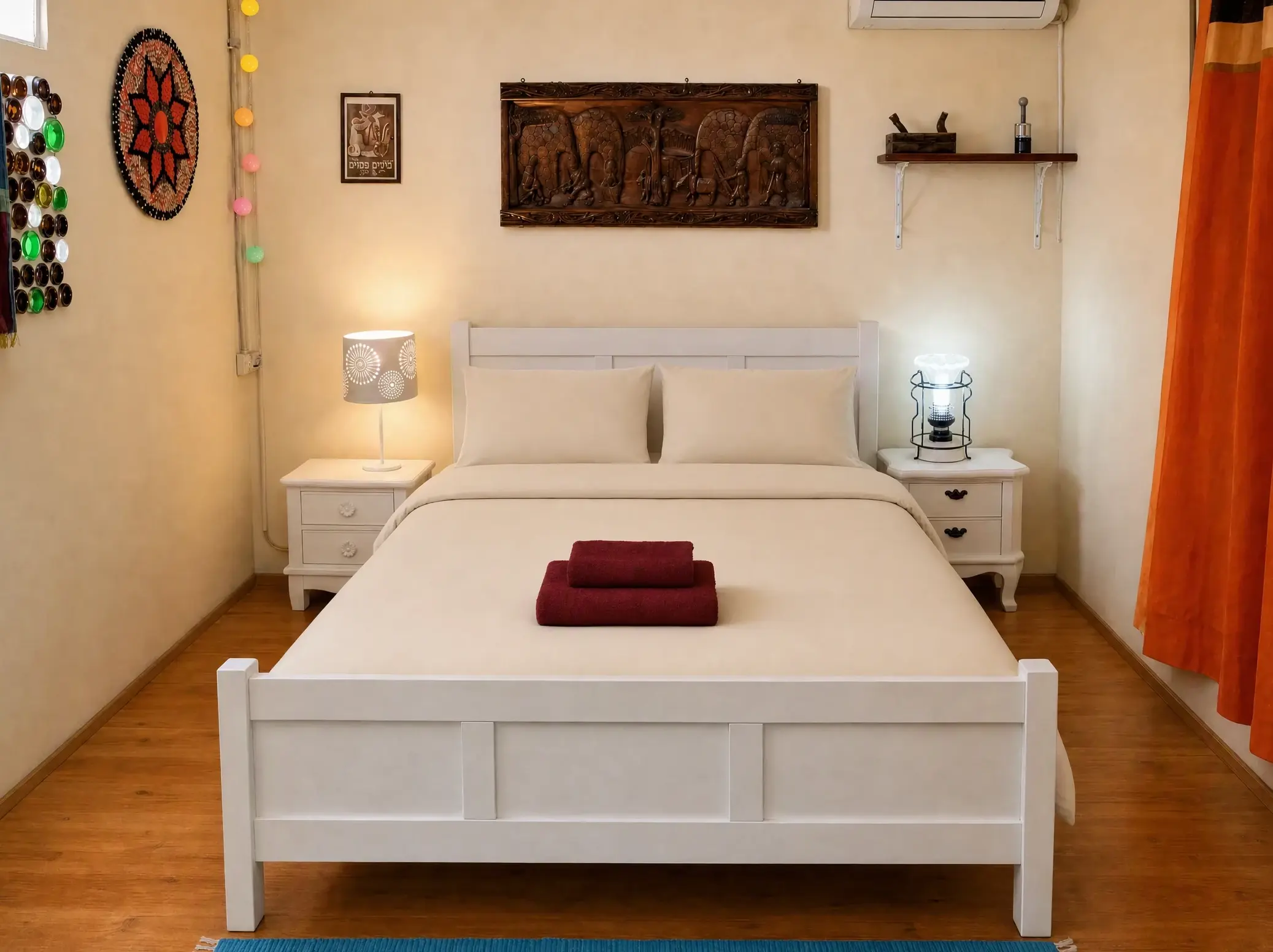The Muse room: a white double bed with light beige linens, a carved wooden panel and bedside lamps