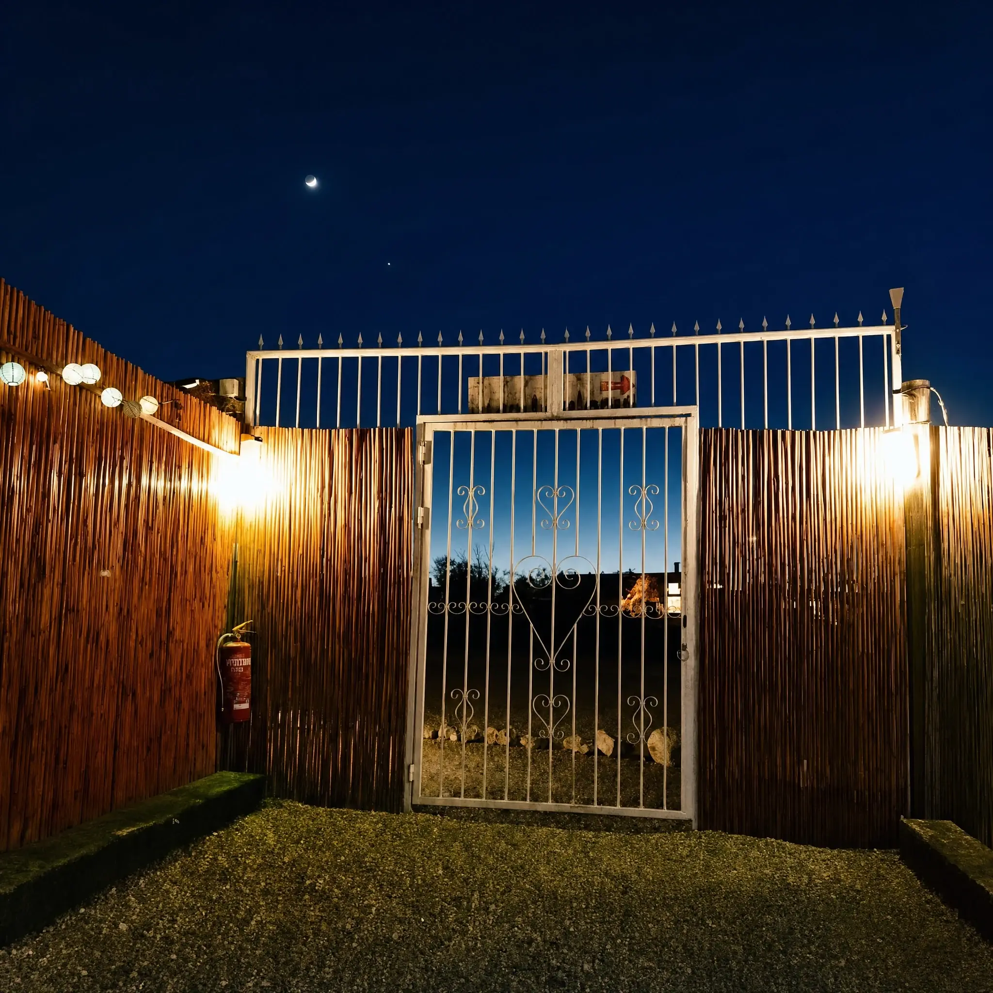 The entrance gate at night, with string lights