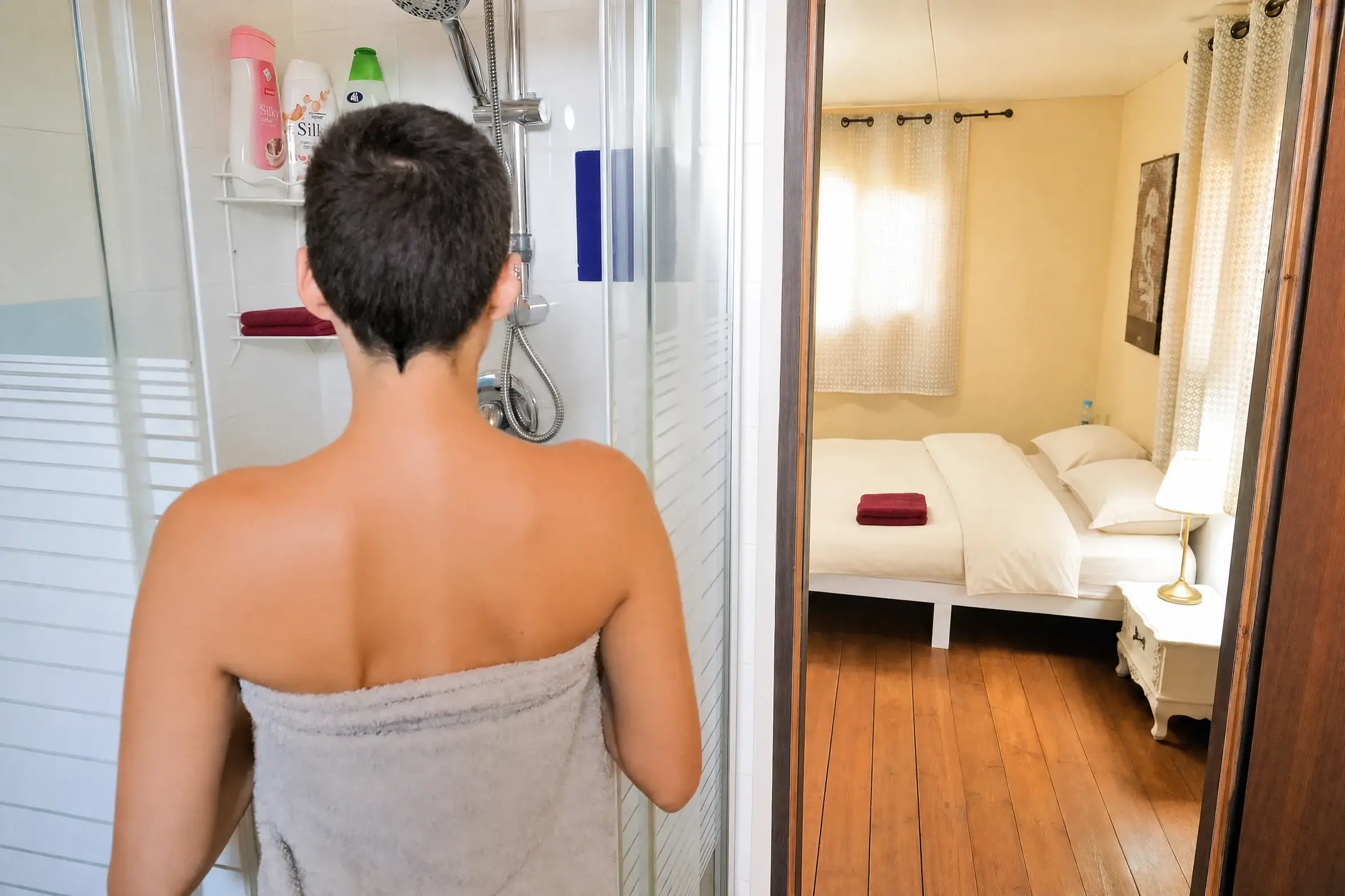 A guest wrapped in a towel at the Triple bathroom door